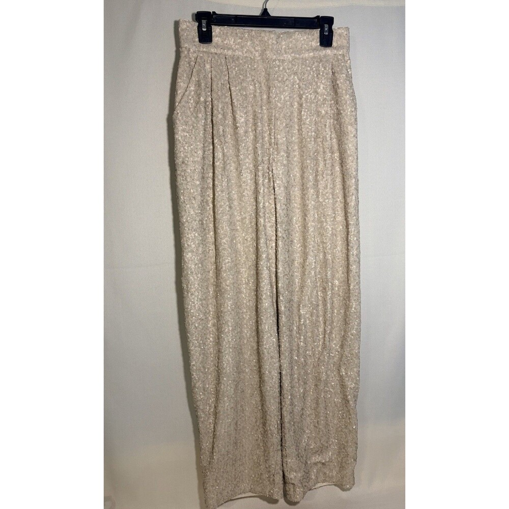 H&M Women’s 8 Beige Sequin Pants Pockets Lined Party Straight Leg